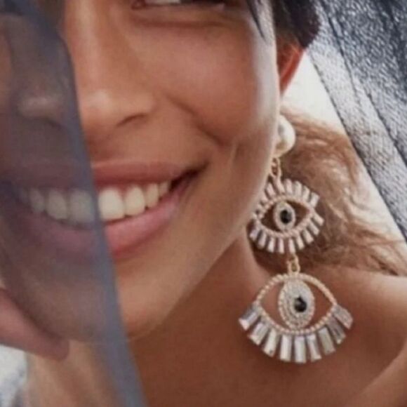 New FOR LOVE AND LEMONS Evil eye irradescent crystal drop earrings - Picture 2 of 10